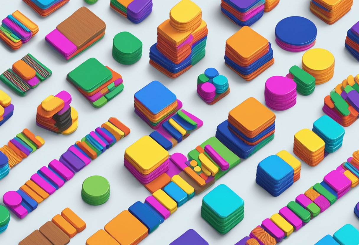 A pile of customised magnets in bulk, neatly arranged on a table, with various shapes, sizes, and vibrant colors