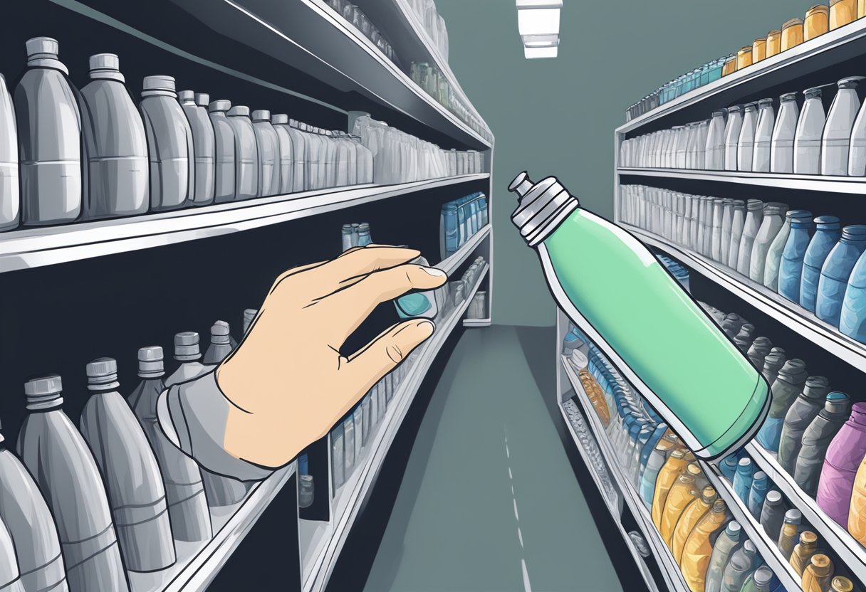 A hand reaches for a stainless steel water bottle on a store shelf. Shining under the light, the bottle features a sleek design and a secure cap