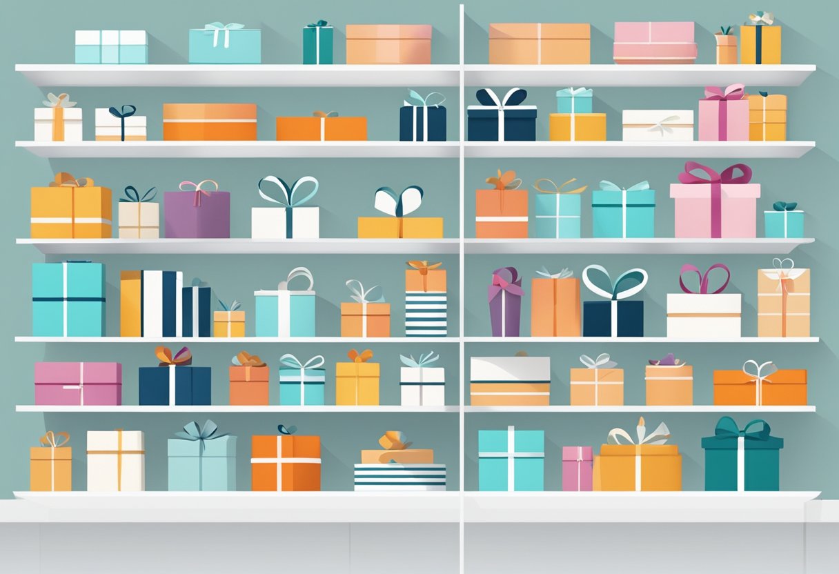 A display of elegant, minimalist gifts arranged on clean, white shelves