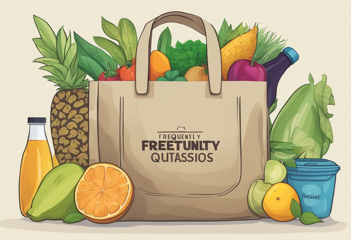 A reusable eco bag with "Frequently Asked Questions" text, surrounded by various eco-friendly items like fruits, vegetables, and reusable containers