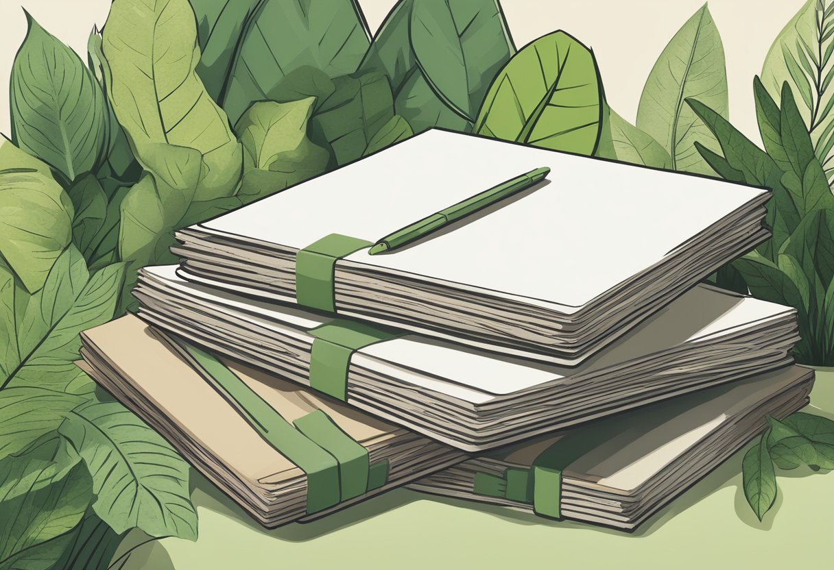 A stack of zero waste notebooks with recycled paper and biodegradable covers, surrounded by green plants and eco-friendly packaging
