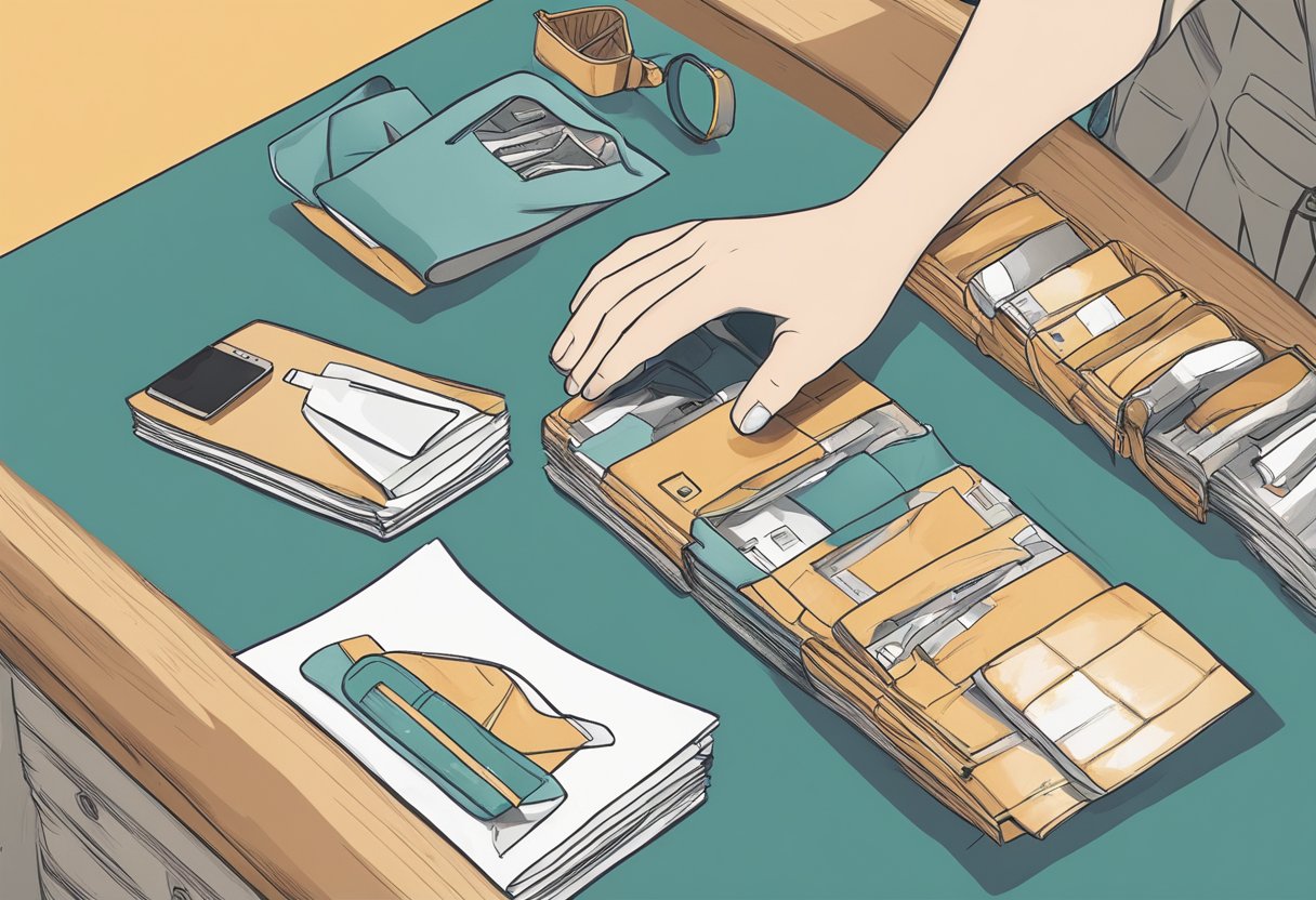 A hand reaches for a printed tote bag on a table