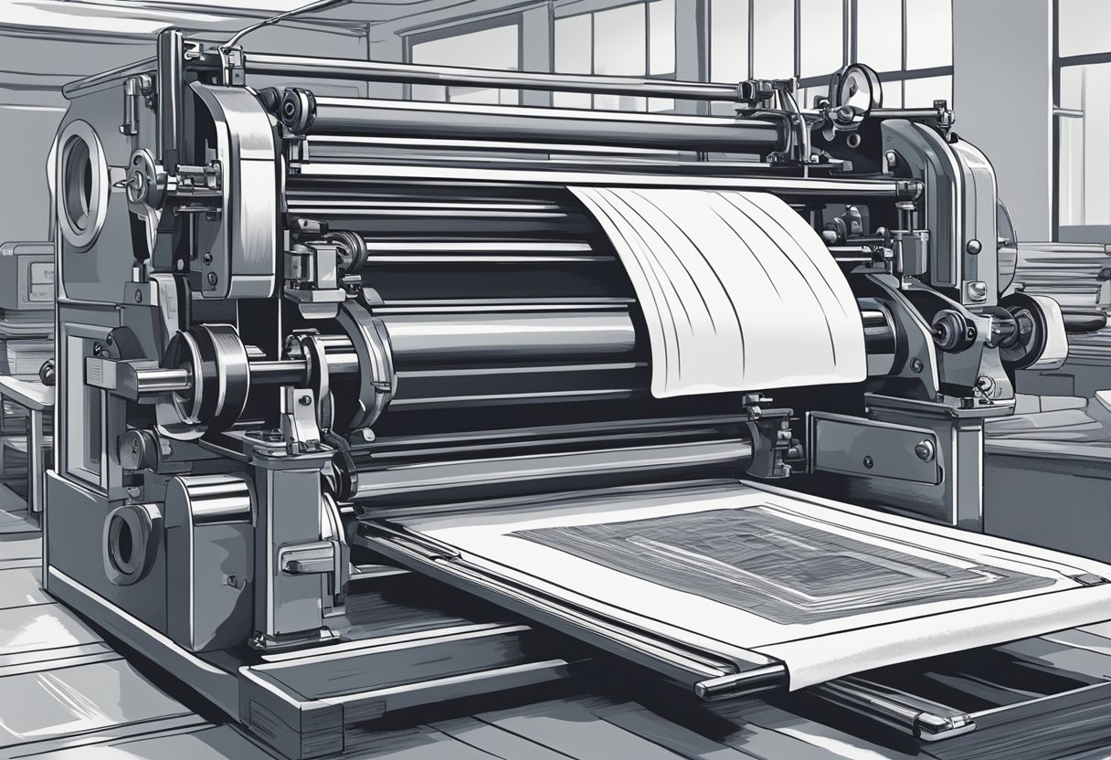 A printing press in action, with customised designs being printed onto various items such as t-shirts, mugs, and posters