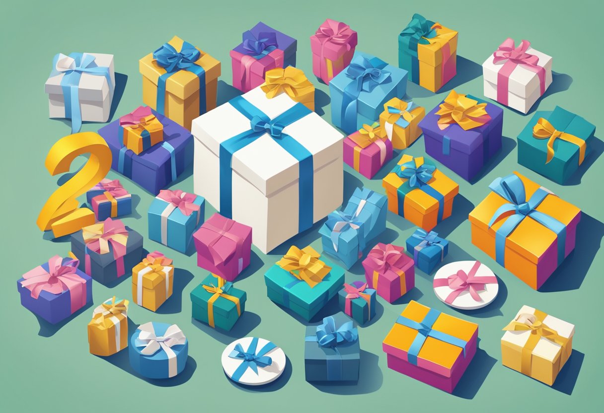 A stack of corporate gifts surrounded by a circle of question marks