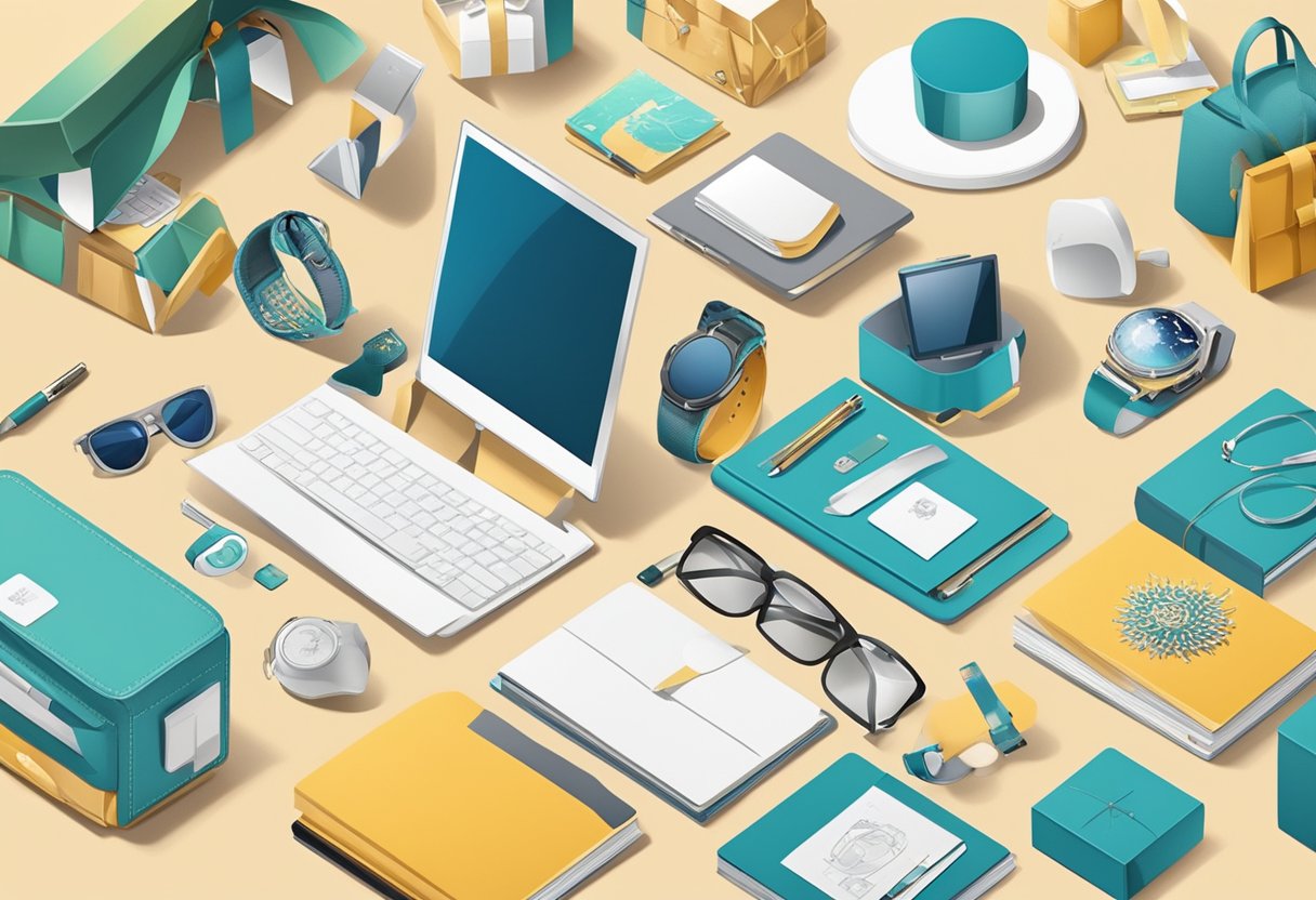 Various gift items arranged on a table with event branding. A diverse selection of products including stationery, tech gadgets, and lifestyle accessories