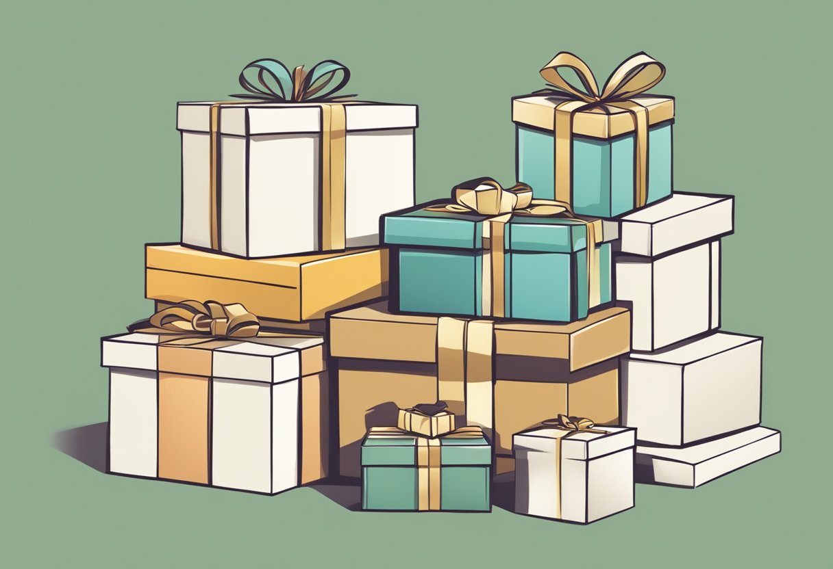 A neatly arranged table with a stack of simple, elegant gift boxes and a sign reading "Frequently Asked Questions" in a clean, modern font