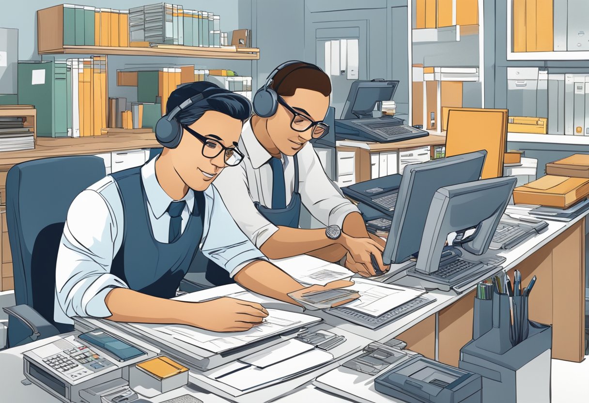 A customer service representative assists a client with custom printing options, surrounded by various printing materials and equipment