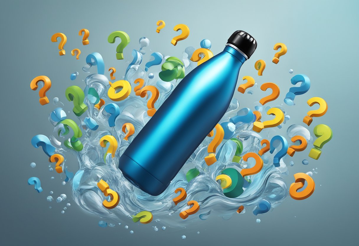 A stainless steel water bottle surrounded by floating question marks