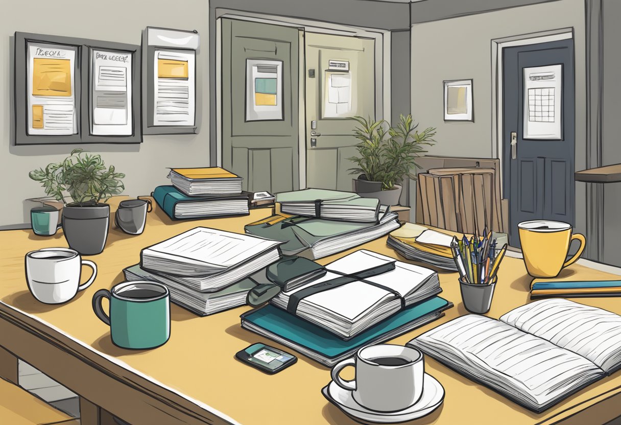 A table with various door gift items displayed, such as notebooks, pens, keychains, and mugs. A sign with "Frequently Asked Questions Event" is visible