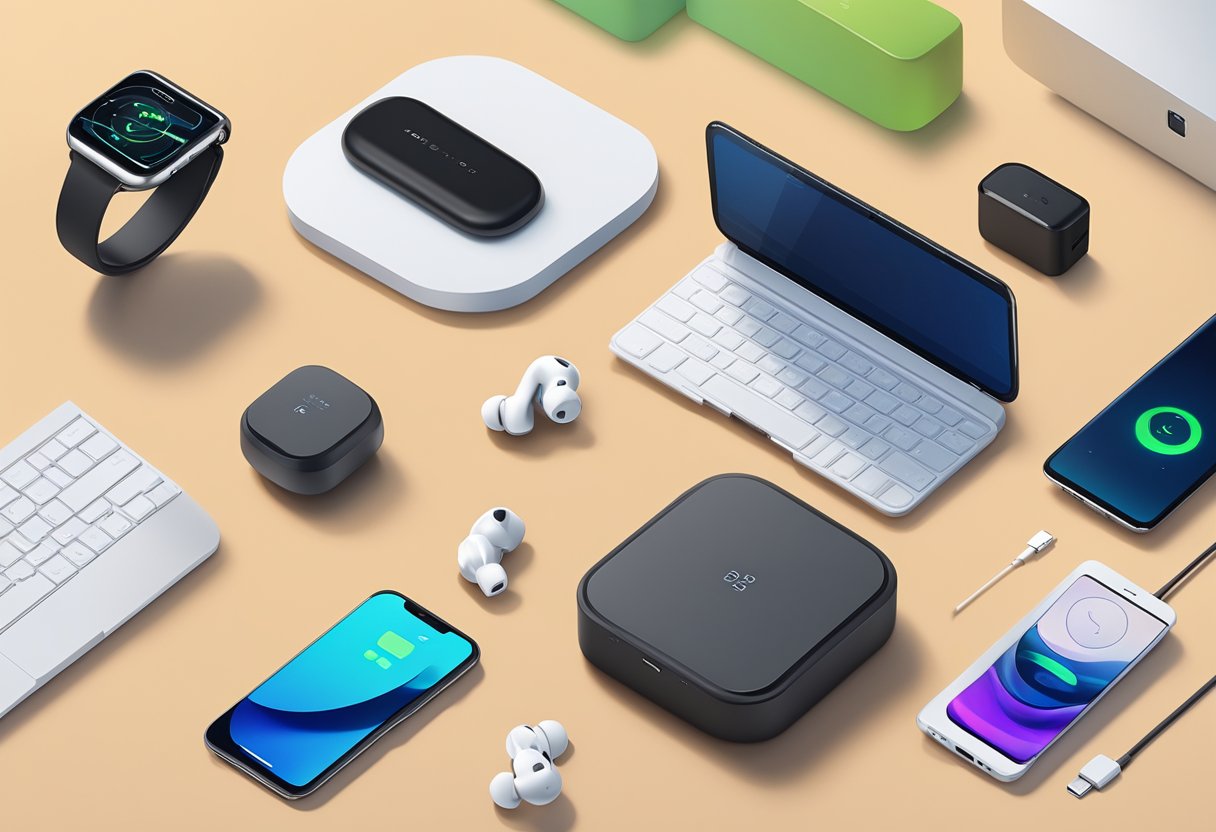 A table displaying sleek tech gadgets: wireless earbuds, portable chargers, smartwatches, and Bluetooth speakers. Company logos adorn each item