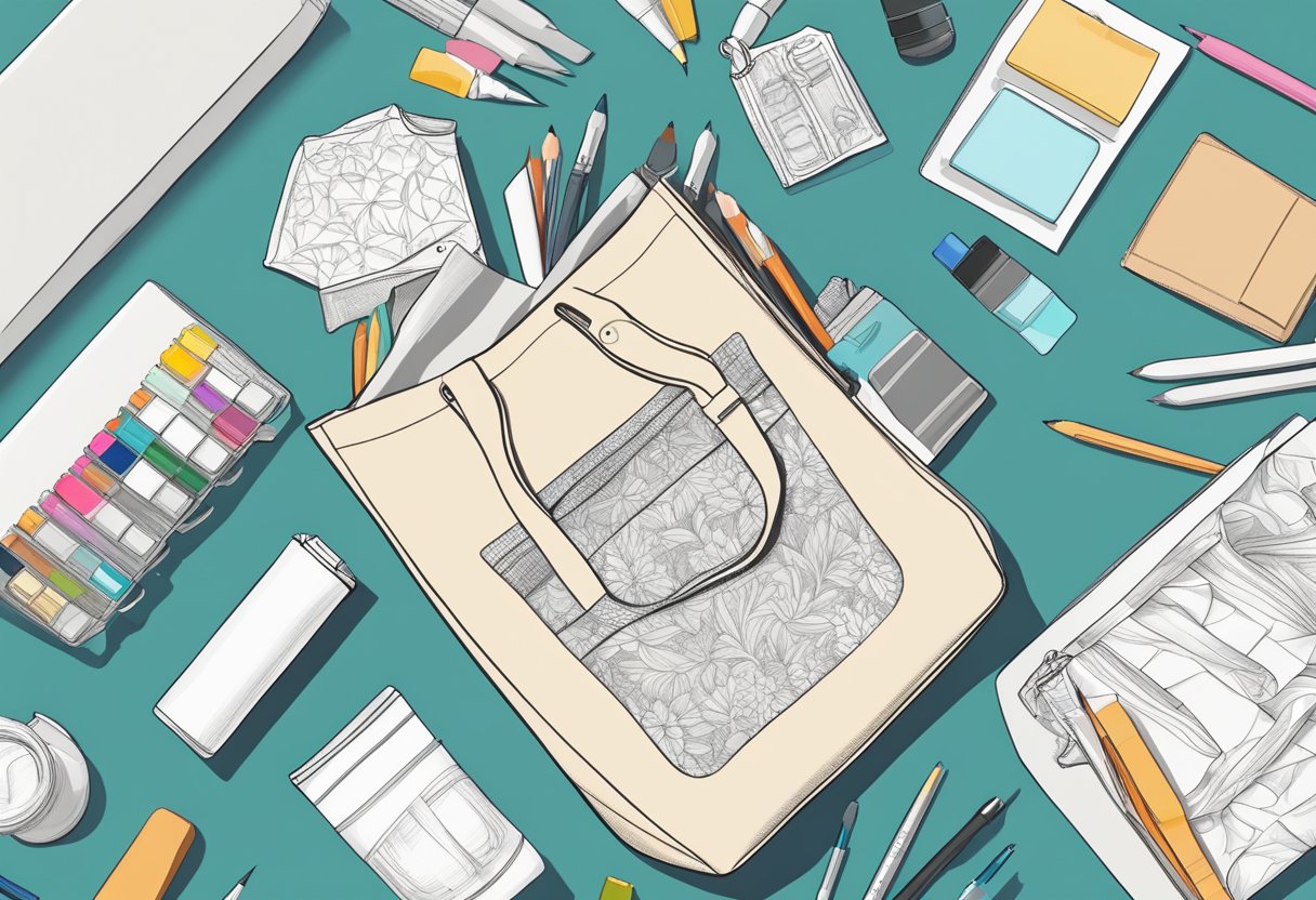 A hand holding a blank tote bag, surrounded by art supplies and design sketches