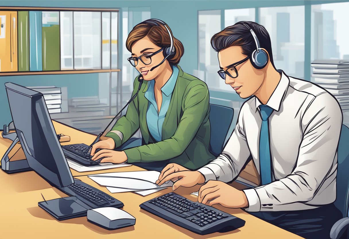 A customer service representative assisting a client with customised printing options