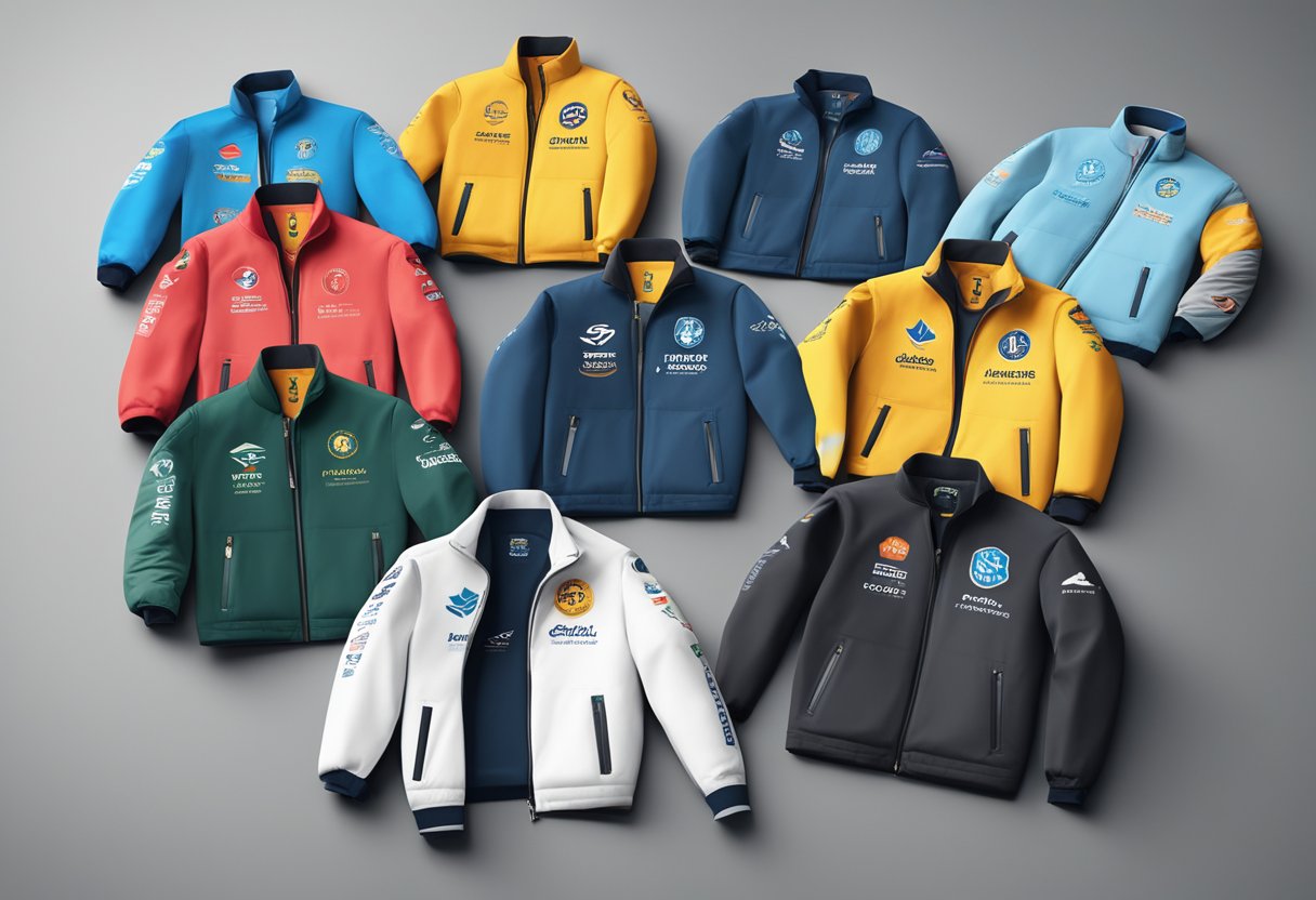 A pile of branded jackets arranged neatly on a table, with corporate logos prominently displayed on the front and back