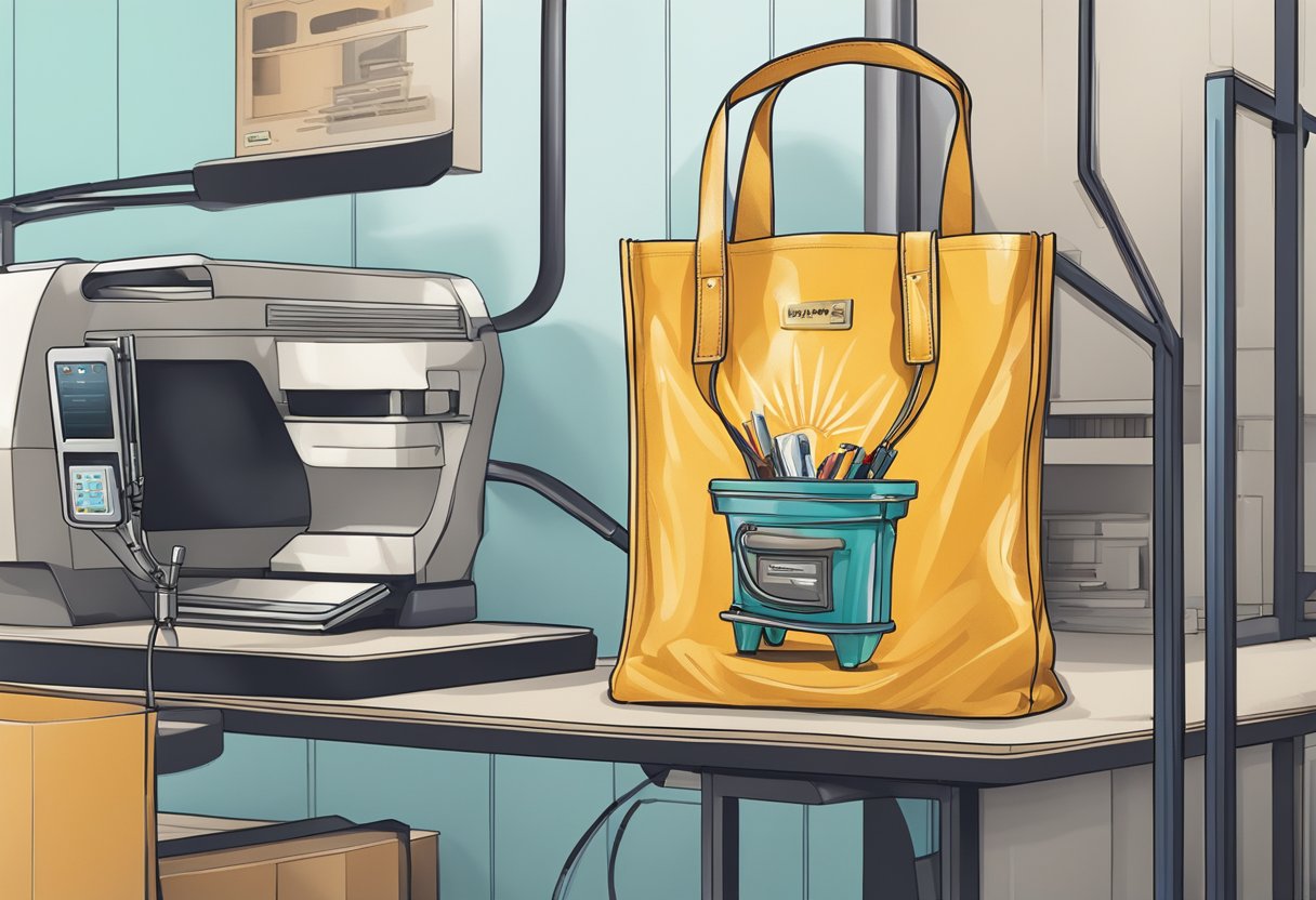 A tote bag being printed and customized with a unique design