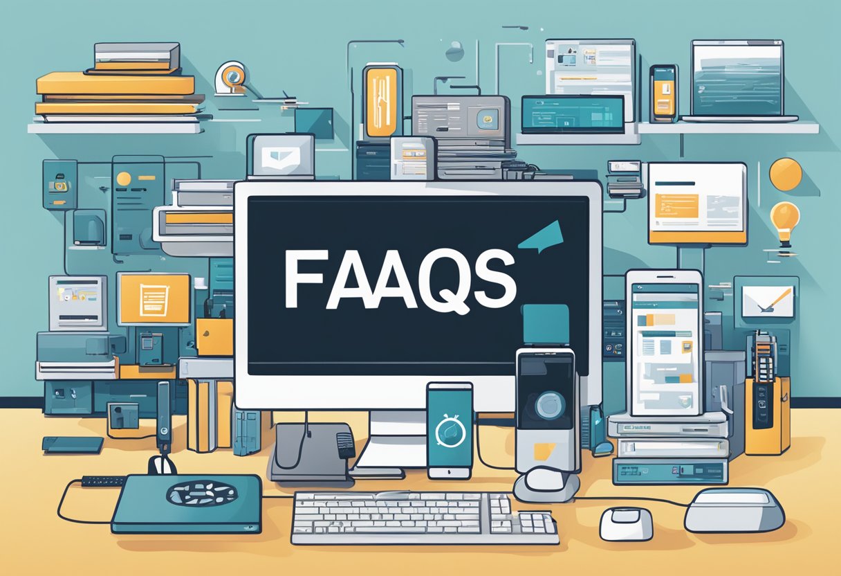 A stack of branded tech gadgets with "FAQs" displayed, surrounded by corporate logos and a backdrop of a modern office setting