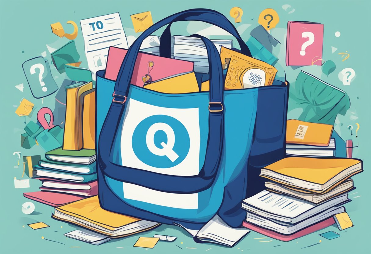 A tote bag with "Frequently Asked Questions" print, surrounded by various question marks and a stack of books