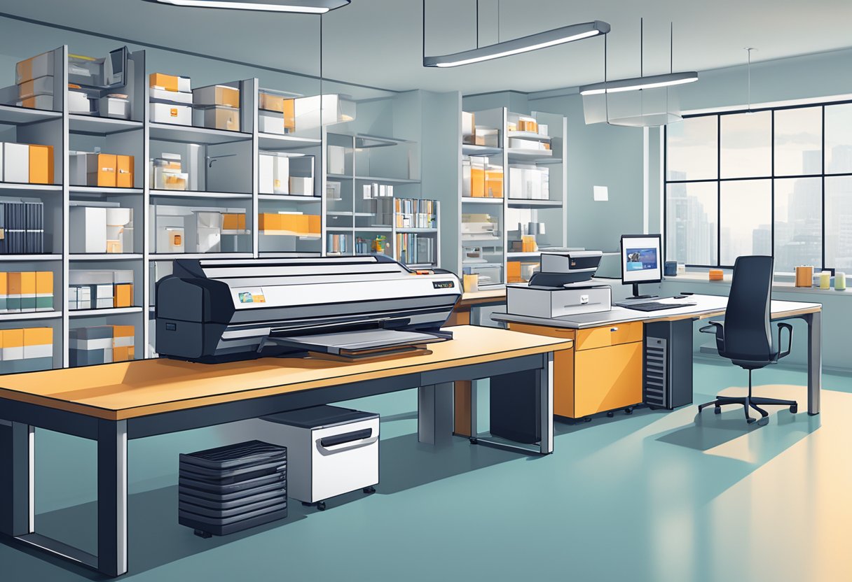 An industrial printer in a bright, modern office space, with shelves of branded merchandise and a computer screen showing a logo being printed onto a corporate gift