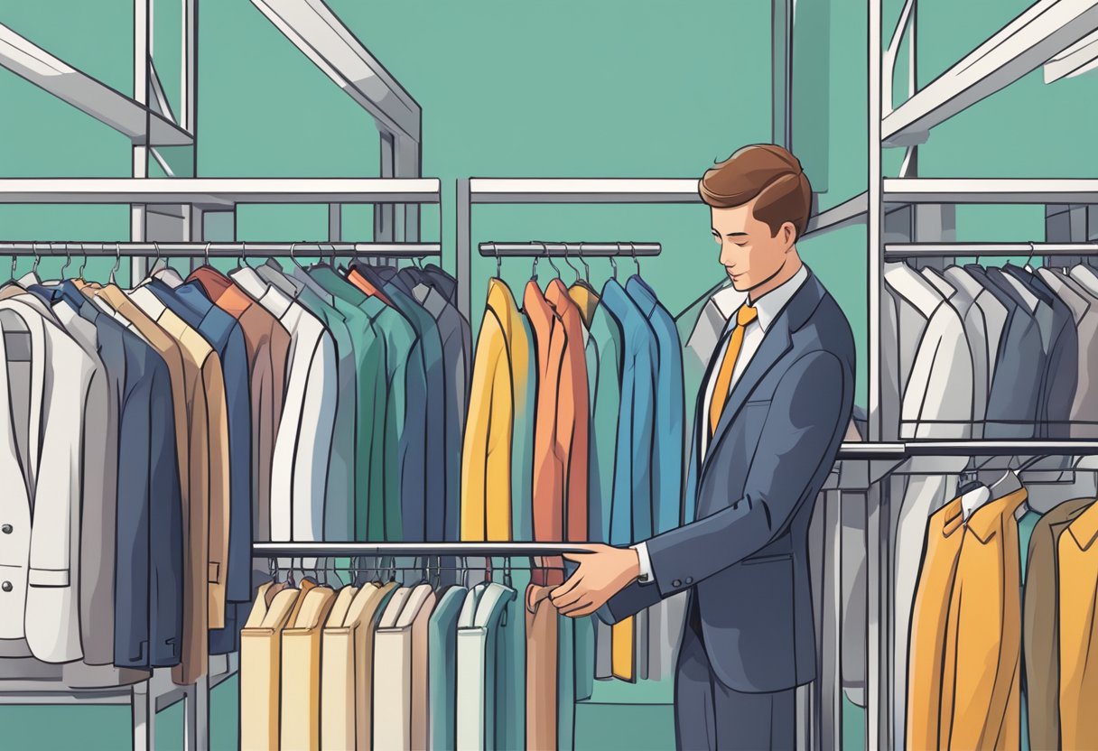 A person reaching for a sleek, professional jacket from a rack of corporate gifts, with various styles and colors on display
