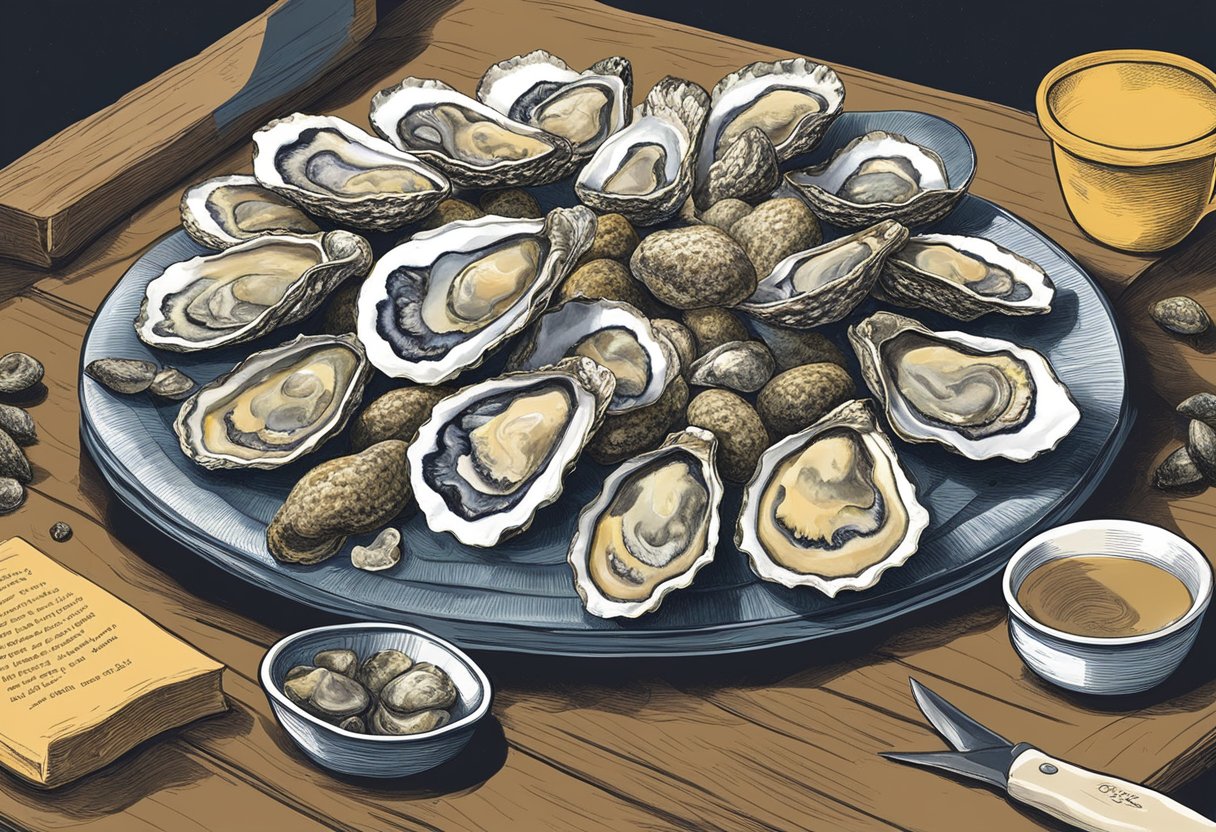 A table displays a variety of oysters, labeled with their names and origins. A person uses a knife to shuck one open