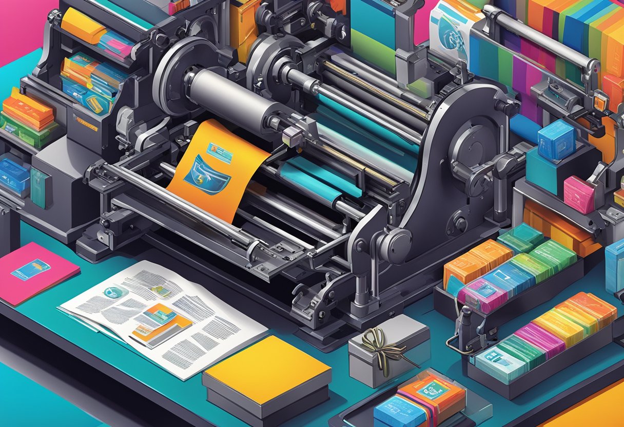 A printing press with corporate logos and gifts being printed in vibrant colors