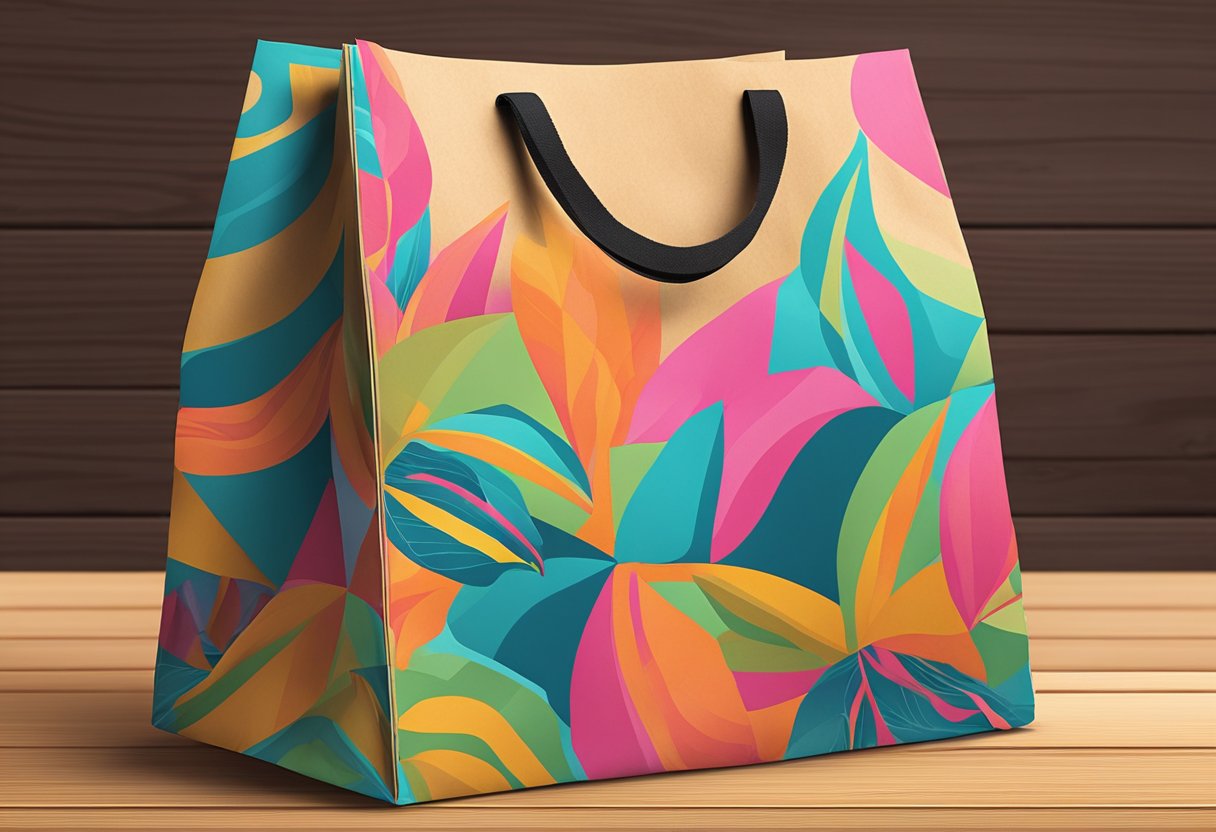 A custom paper bag sits on a wooden table, featuring a unique design and vibrant colors