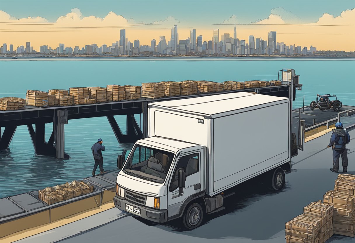 A delivery truck pulls up to a dock, where workers load boxes of fresh oysters onto the vehicle. The sea and distant city skyline provide a backdrop