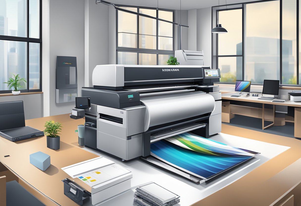 A printing machine in a modern office, with corporate gift items being printed with the company logo