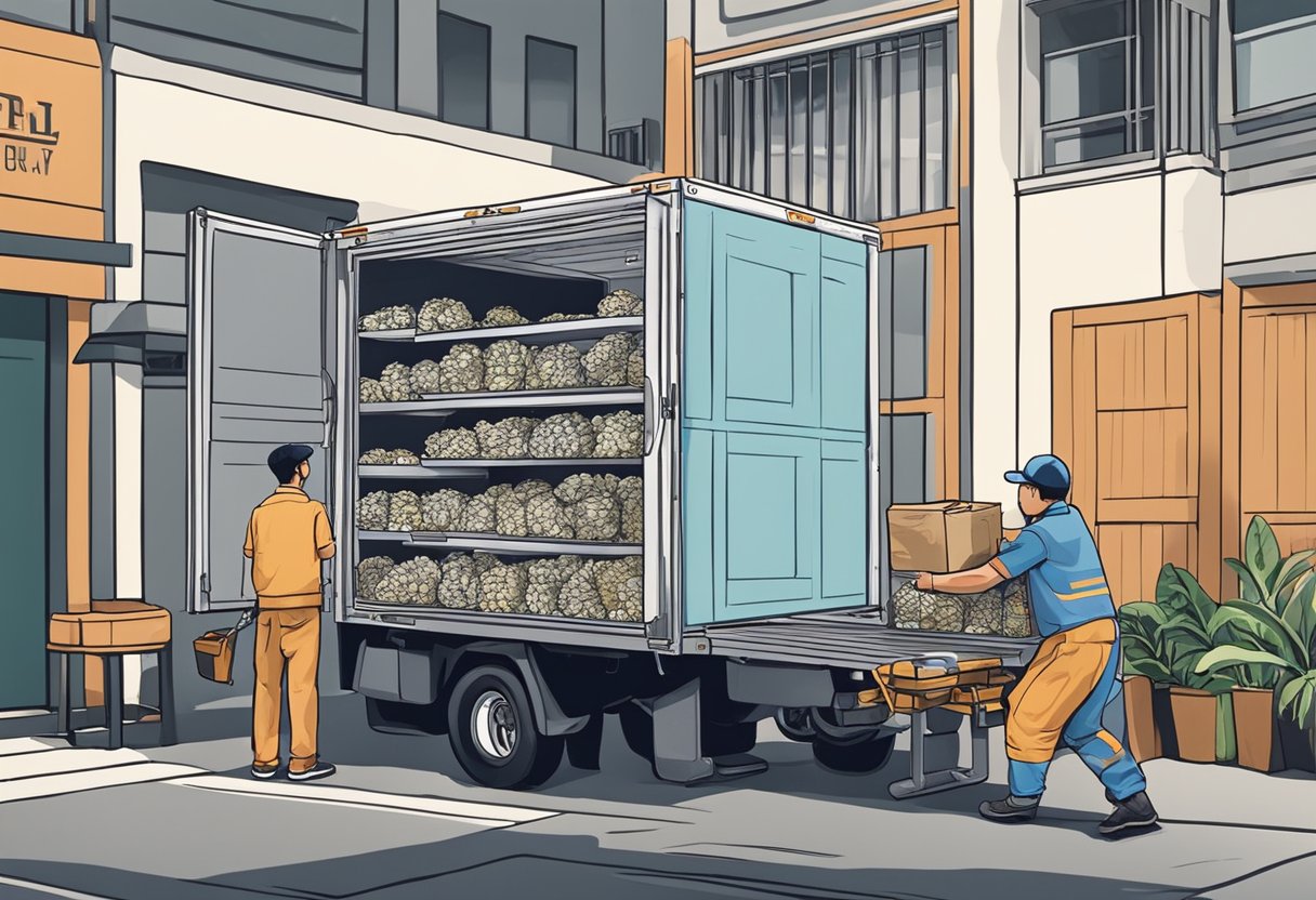 A delivery person unloading fresh oysters from a refrigerated truck outside a restaurant in Singapore