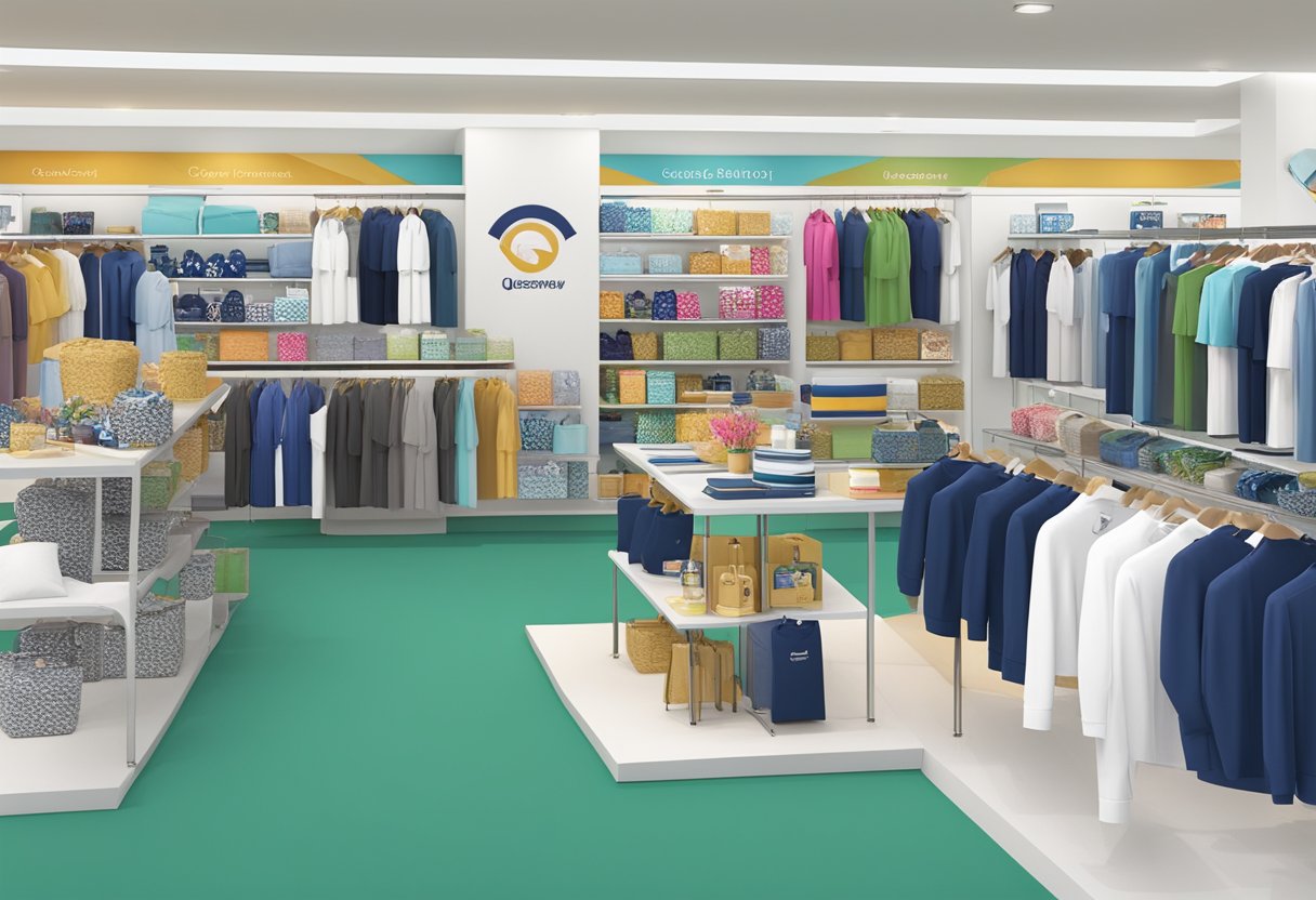 A display of corporate gifts at Queensway Shopping Centre, showcasing branded merchandise and promotional items