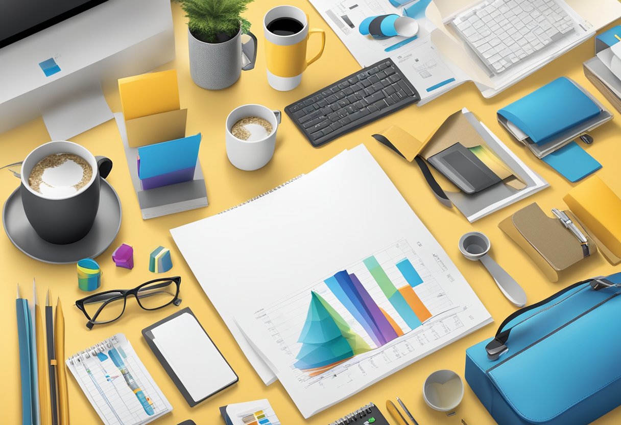 A table with various corporate gifts and printing equipment, including branded items and promotional materials