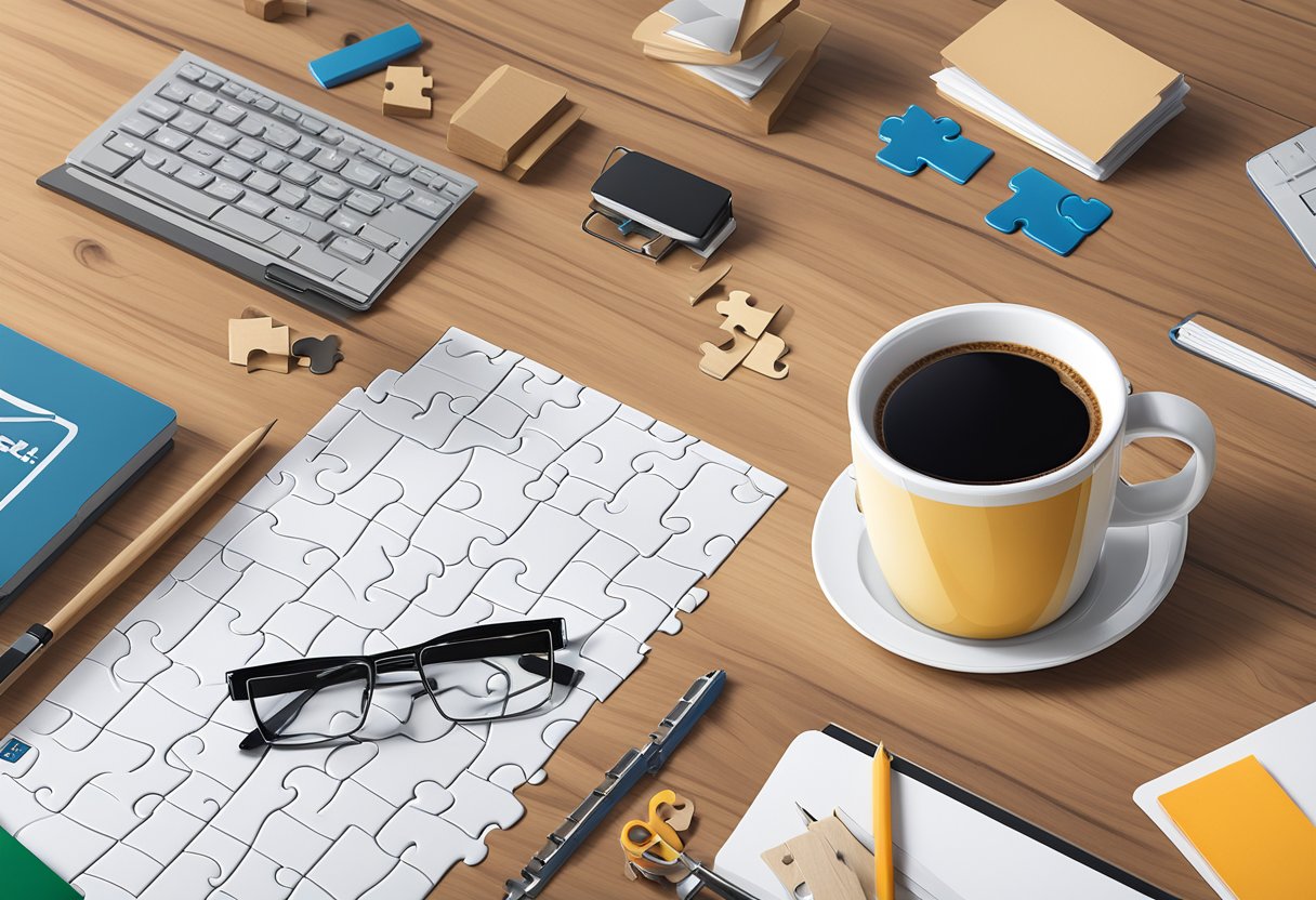 A wooden puzzle sits on a sleek corporate desk, surrounded by office supplies and a branded mug