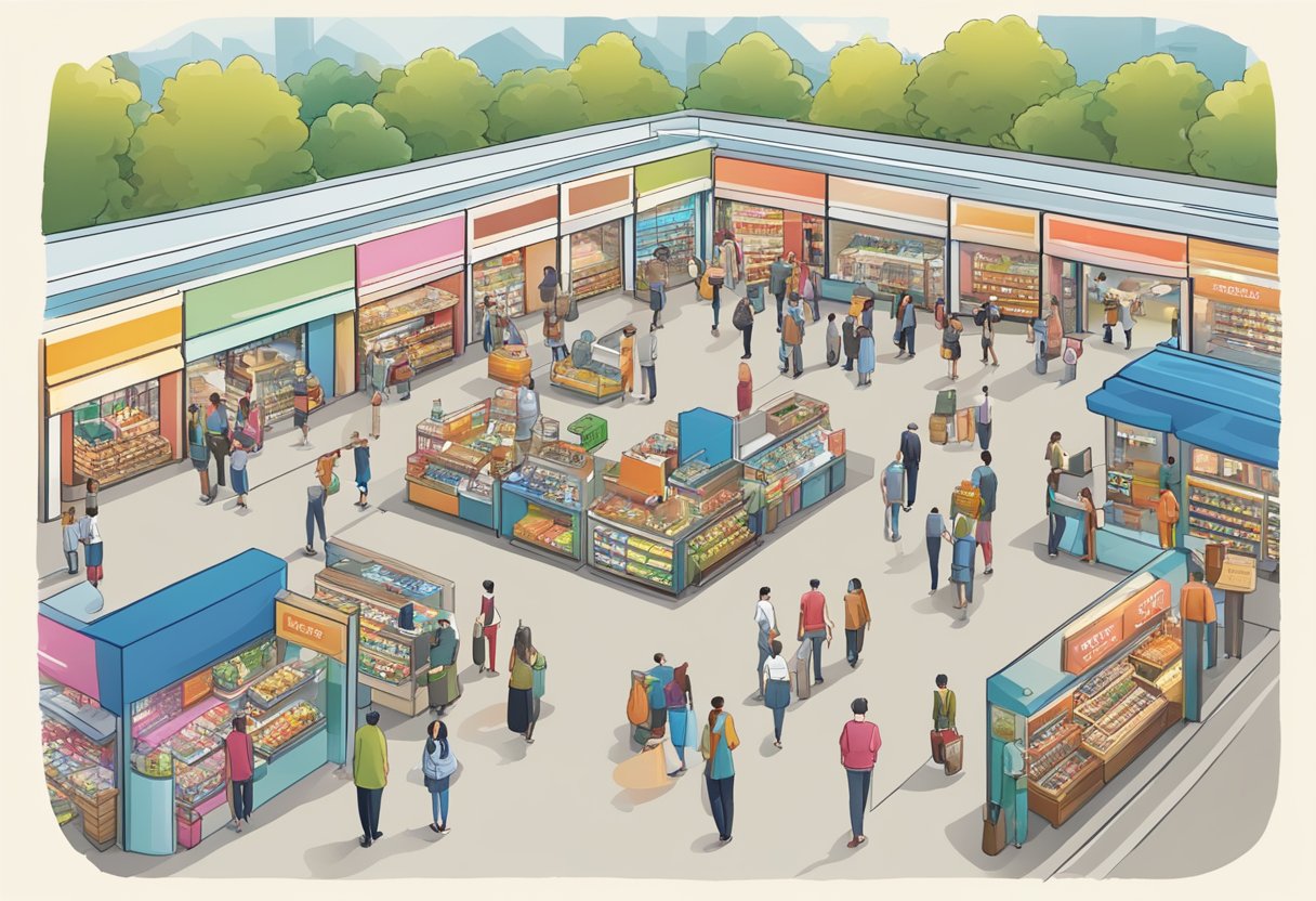 A bustling shopping center with various stalls and shops, displaying a range of corporate gifts. Customers browse and inquire at the Frequently Asked Questions booth