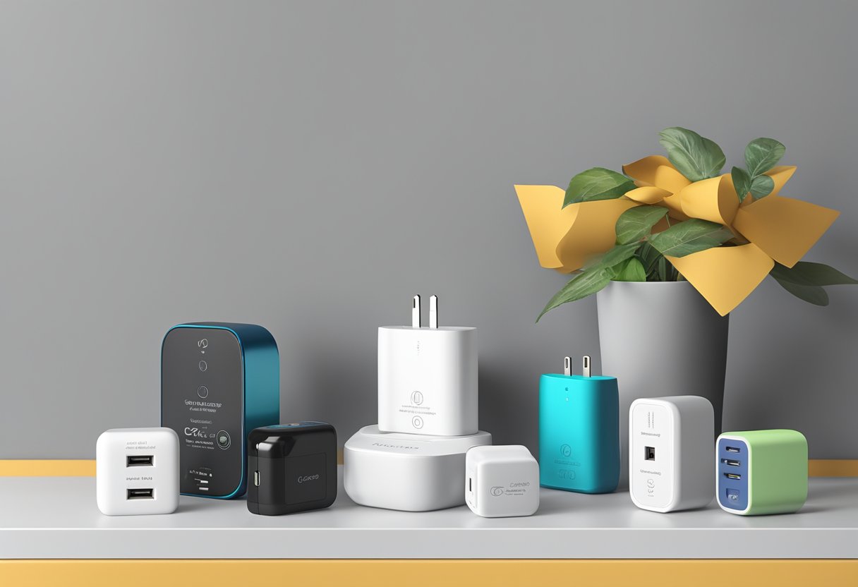 A wholesale wall charger is displayed on a shelf with various electronic accessories, surrounded by packaging and price tags