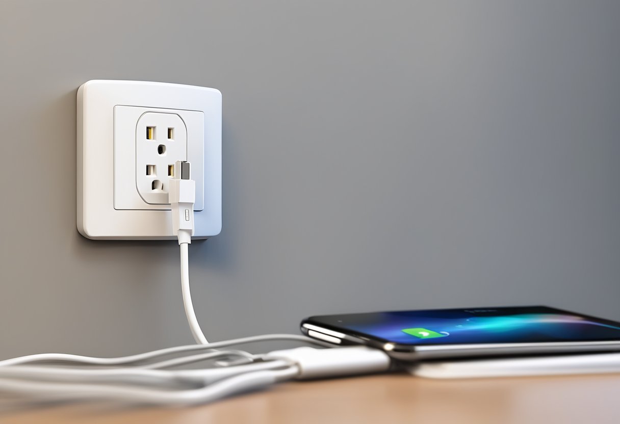 A wall charger plugged into an outlet with various electronic devices nearby