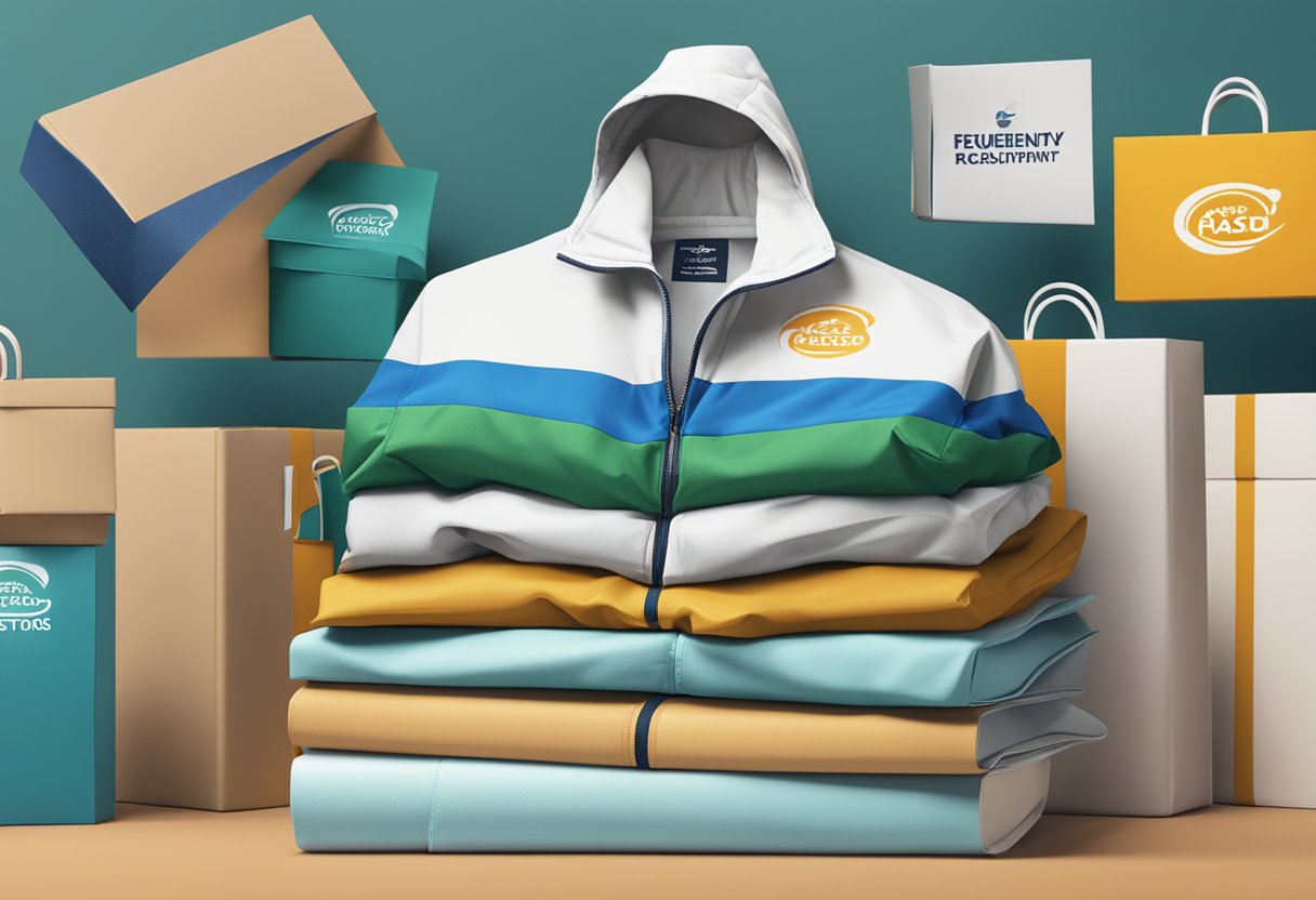A stack of branded jackets with "Frequently Asked Questions" logo, surrounded by gift boxes and corporate branding materials