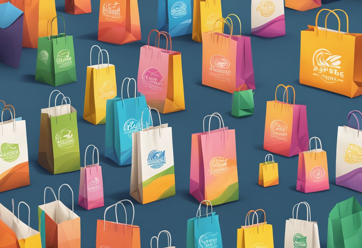 A custom paper bag sits on a table, featuring a logo and vibrant colors