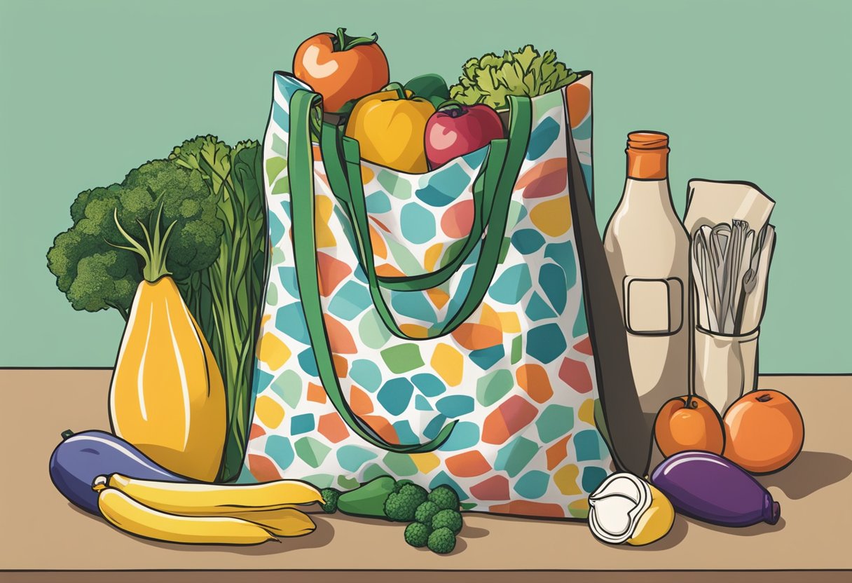 A reusable bag filled with groceries sits on a kitchen counter. The bag is made of sturdy fabric and has colorful patterns