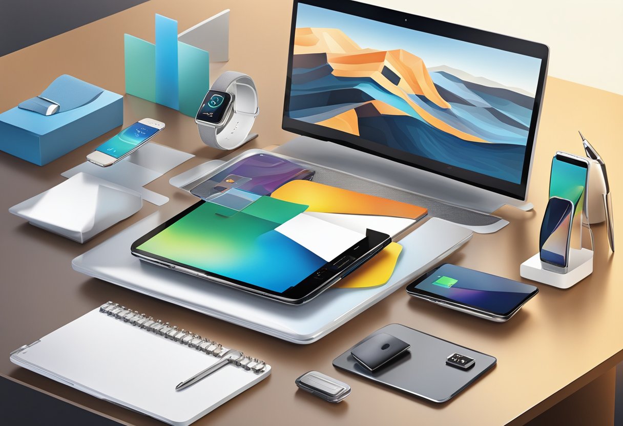 A table adorned with sleek, modern gadgets and stylish accessories. A display of cutting-edge tech and elegant design, representing the most innovative corporate gifts