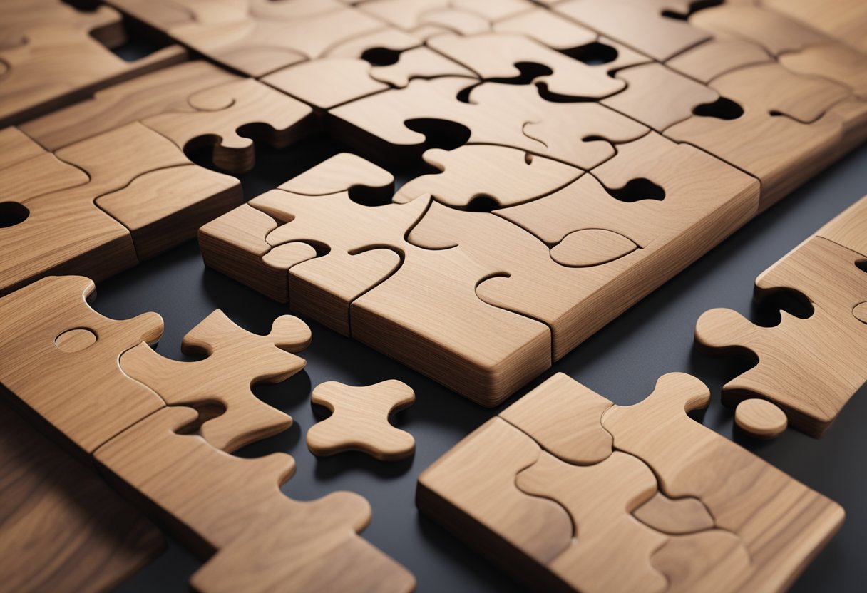 A wooden puzzle corporate gift sits on a desk, with the pieces neatly arranged and ready to be assembled. The logo of the company is subtly engraved on the surface of the puzzle
