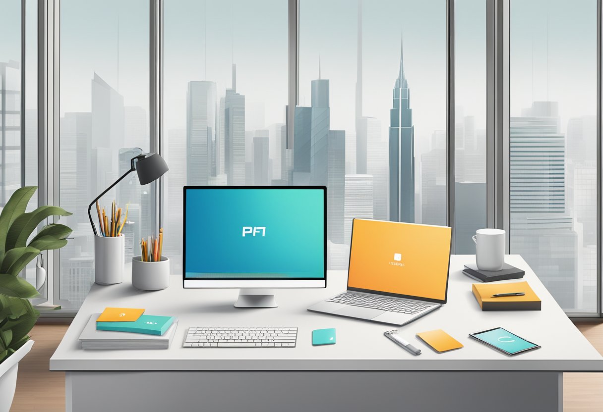 A table adorned with sleek, modern corporate gifts - from personalized tech gadgets to elegant office accessories - displayed in a minimalist, upscale setting
