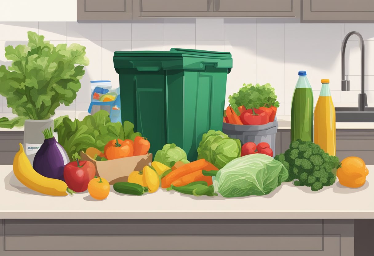 A reusable bag filled with groceries sits on a countertop, surrounded by fresh produce and bulk items. A recycling bin and compost bin are visible in the background