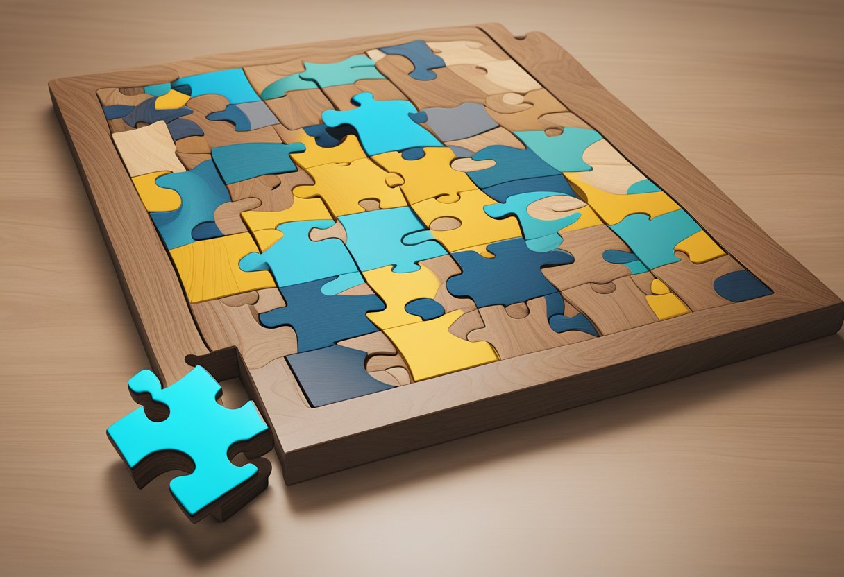 A wooden puzzle with various design options displayed on a corporate gift table