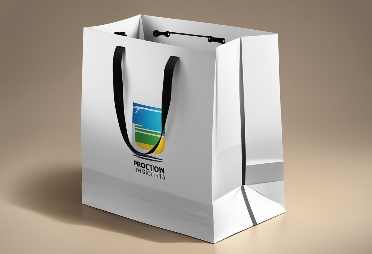 A custom paper bag with "Production and Branding Insights" logo printed on it, sitting on a clean white surface with a spotlight shining on it