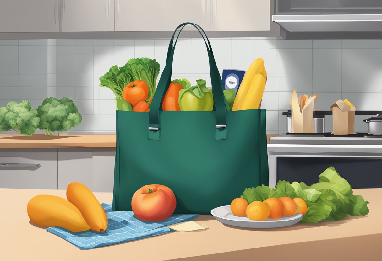 A reusable bag filled with groceries sits on a kitchen counter, next to a wallet and keys. The bag is made of sturdy material and has reinforced handles