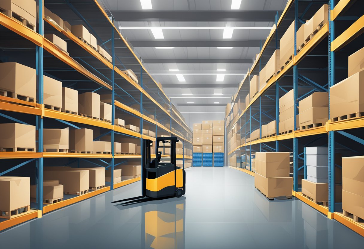 A warehouse filled with shelves of neatly organized merchandise boxes, with a conveyor belt and forklift in the background