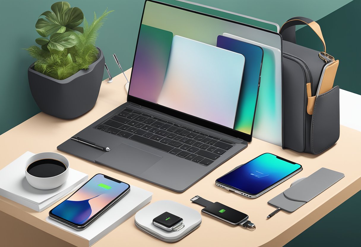 A table with various modern corporate gifts: wireless chargers, custom engraved pens, sleek laptop bags, and stylish desk organizers
