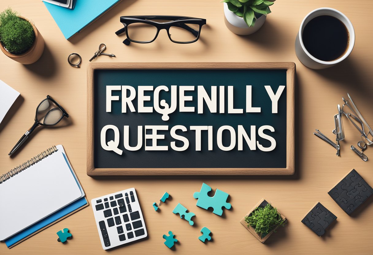 A wooden puzzle sits on a sleek corporate desk, surrounded by neatly arranged office supplies. The puzzle features the words "Frequently Asked Questions" in bold, professional lettering