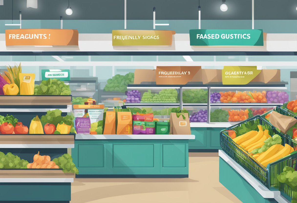 A reusable bag with "Frequently Asked Questions" text, filled with groceries, on a checkout counter