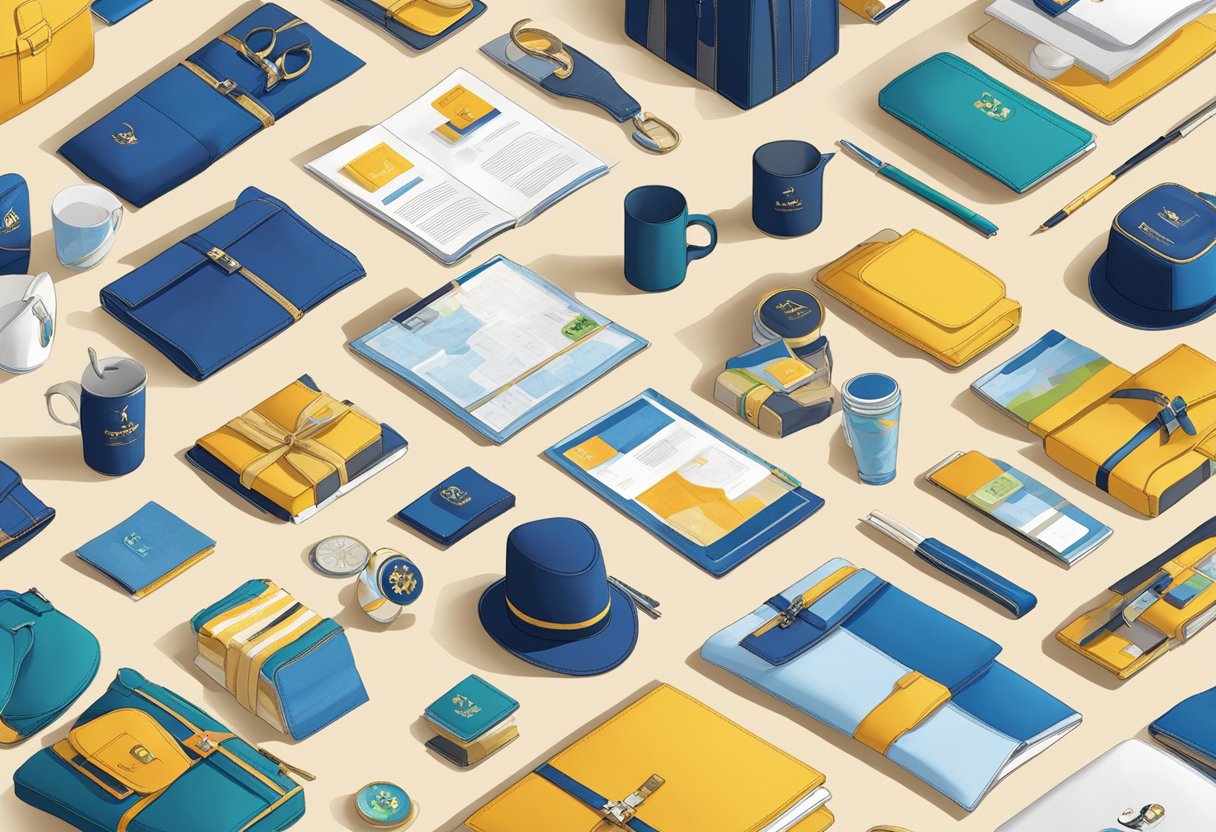 A table with various corporate gifting merchandise displayed, including branded items and luxury products. A representative engages with a client, showcasing the range of options available