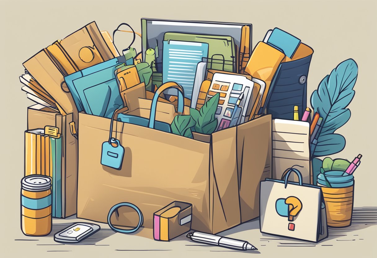 A custom paper bag with "Frequently Asked Questions" printed on it, surrounded by various items like a laptop, phone, and pen